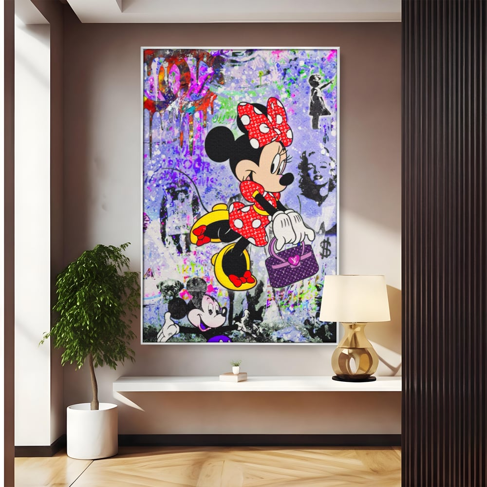 Tablou canvas cu tablou canvas cu minnie mouse stil pop art, in rama de aluminiu argintiu